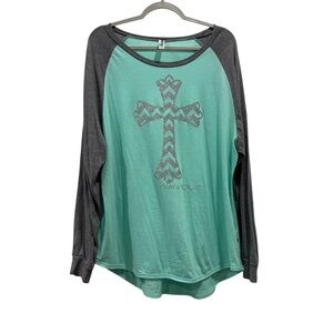 Mint green and Gray Long Sleeve Top with Sparkly Cross Design